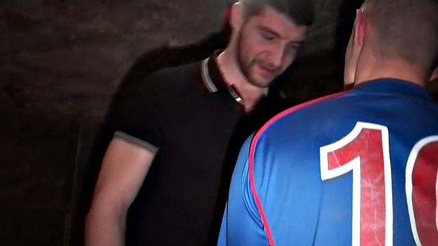 Sportive stud dominated by jock in basement after pushups