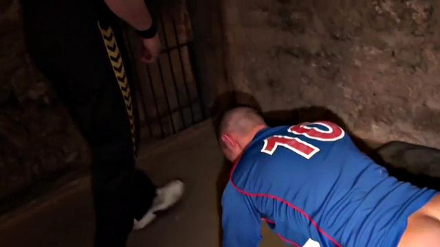 Sportive stud dominated by jock in basement after pushups