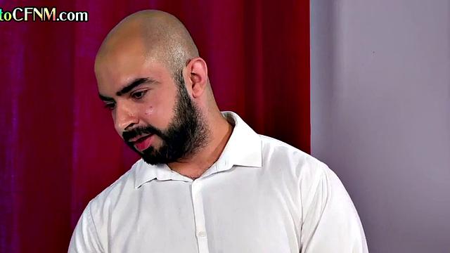 CFNM amateur Brit ladies wank dude's cock till cum in 3some