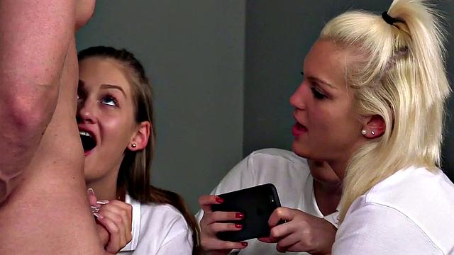 Uniformed cfnm students wank and suck their teacher