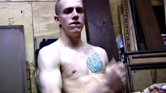 Returning home from work, Shane grabs a porn magazine and heads for the garage. There, he strokes his hard cock, while eating his pre-cum, and then pumps onto his belly.