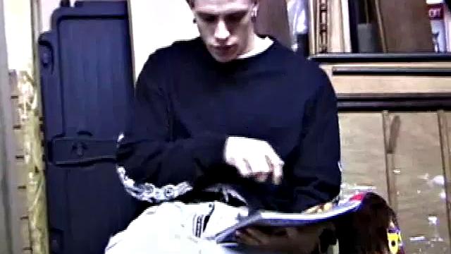 Returning home from work, Shane grabs a porn magazine and heads for the garage. There, he strokes his hard cock, while eating his pre-cum, and then pumps onto his belly.