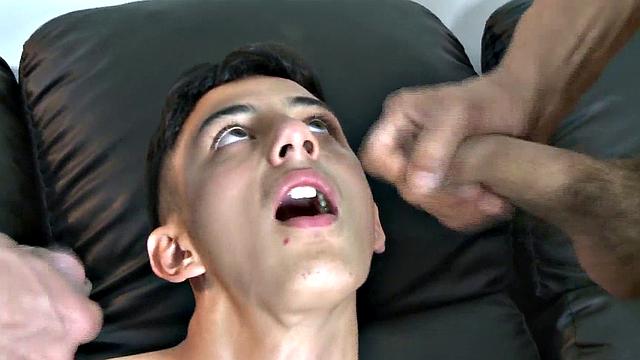 Latin DILFS fuck twink in college uniform during threesome