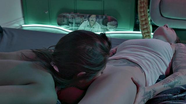 Kinky tattooed babes share strapon and pussy play with some kissing and nipples