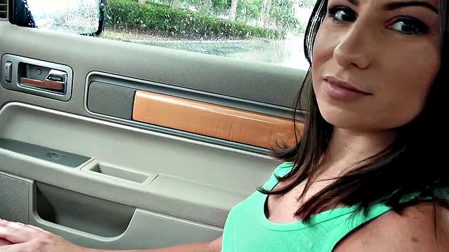 Naughty babe with small tits and brown hair takes on a reverse cowgirl ride in shorts