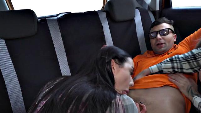 Drive students in 3some public fucked in car outdoor by tutor
