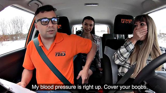 Drive students in 3some public fucked in car outdoor by tutor