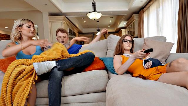 Small guy bangs busty ink babe in 3way with redhead