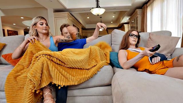 Small guy bangs busty ink babe in 3way with redhead