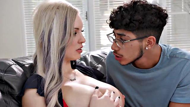 Busty MILF in stockings rammed by young guy