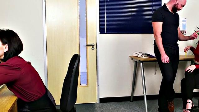 CFNM dominas give a sloppy office blowjob & deepthroat fetish session