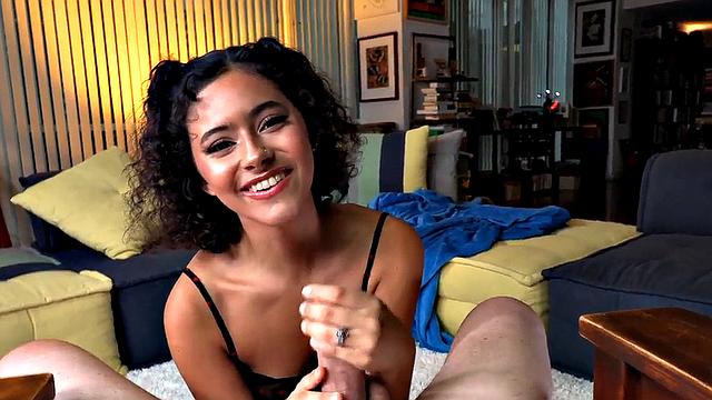 Loving ebony wanking and rubbing on oiled cock