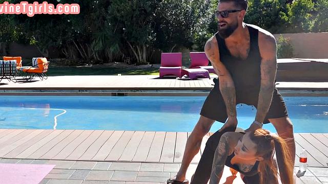 Black yoga TS fucks trainer in 3some with Asian TS