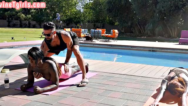 Black yoga TS fucks trainer in 3some with Asian TS