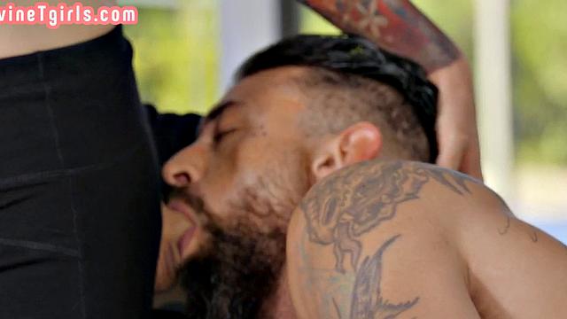 Black yoga TS fucks trainer in 3some with Asian TS