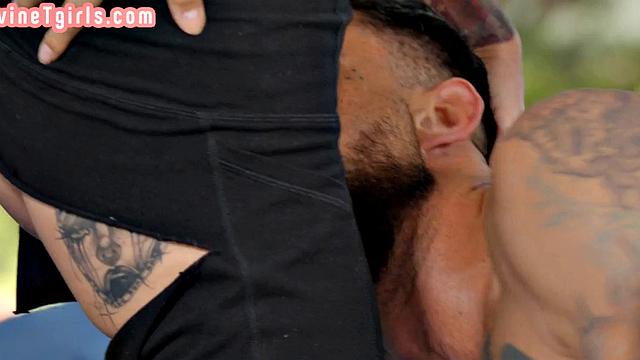 Black yoga TS fucks trainer in 3some with Asian TS