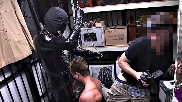 Pawnshop stud gets fucked in latex threesome