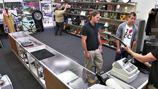 Pawnshop stud gets fucked in latex threesome