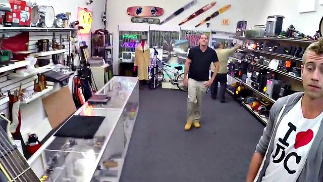 Pawnshop stud gets fucked in latex threesome