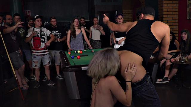 Public rimjob slut fucked in voyeuristic threesome