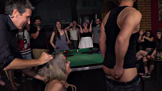 Public rimjob slut fucked in voyeuristic threesome