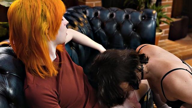 Redhead Trans babe fucks pussy after cocksucked