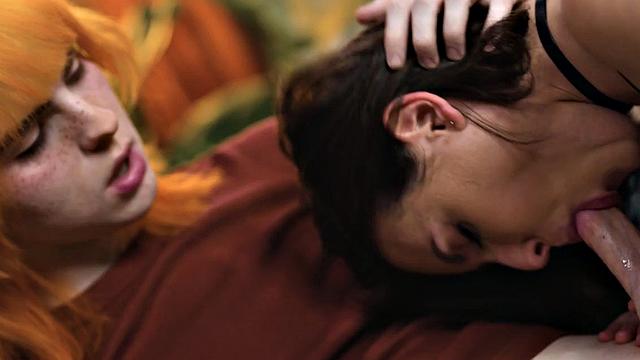 Redhead Trans babe fucks pussy after cocksucked