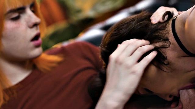 Redhead Trans babe fucks pussy after cocksucked