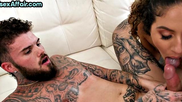 Ebony babe swallows load in 3some after riding