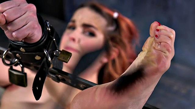 Hairypussy whipped redhead suffers in BDSM orgasm