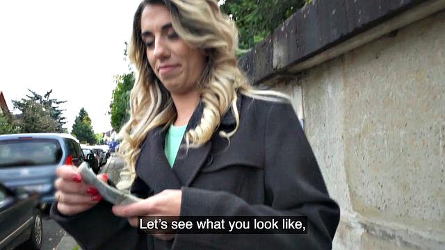 Skinny amateur babe in pantyhose fucked for money by stranger