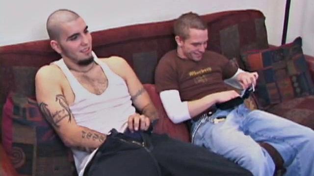 Gay boy Chase and Straight boy Rock massage their dicks while watching a porn video. Chase leans over to suck Rock's hard cock, and Rock loves it so much that he cums all over Chase's face. Rock isn't finished.