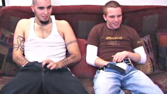 Gay boy Chase and Straight boy Rock massage their dicks while watching a porn video. Chase leans over to suck Rock's hard cock, and Rock loves it so much that he cums all over Chase's face. Rock isn't finished.