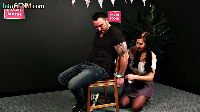 CFNM British femdoms suck bondage dude in group BJ