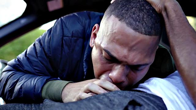 Ebony stud deepthroating before bareback sex in couple