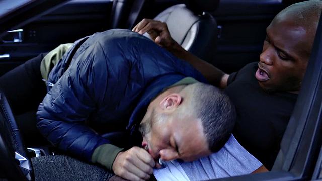 Ebony stud deepthroating before bareback sex in couple