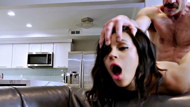 White cock pounds hard on ebony throat in lingerie & kitchen