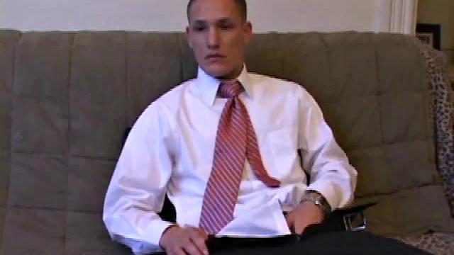 Jay unzips pants, pulls out raging boner and strokes to porn video. After stripping off shirt and tie, Jay works dick as he talks to camera. In no time he explodes a killer cum gusher on his face and chest.