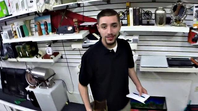 Pawnshop nympho slut enjoys sucking big dick in POV