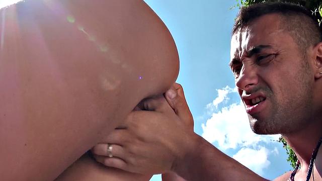 Watch this tattooed brunette take it from behind in tight pussy