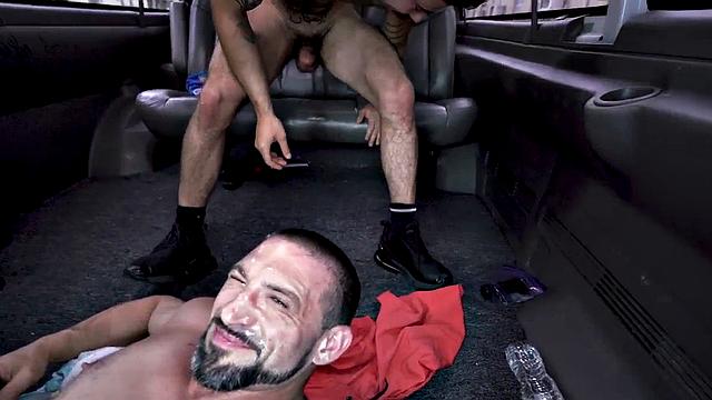 Baited str8 jock fucked by gay cock in public van outdoor