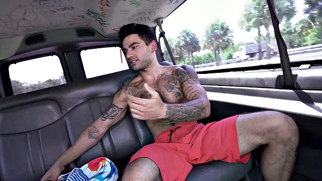 Baited str8 jock fucked by gay cock in public van outdoor