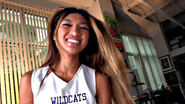 Real petite Asian cheerleader jerks boyfriend in dirty talking POV