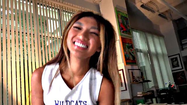 Real petite Asian cheerleader jerks boyfriend in dirty talking POV