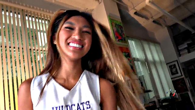 Real petite Asian cheerleader jerks boyfriend in dirty talking POV