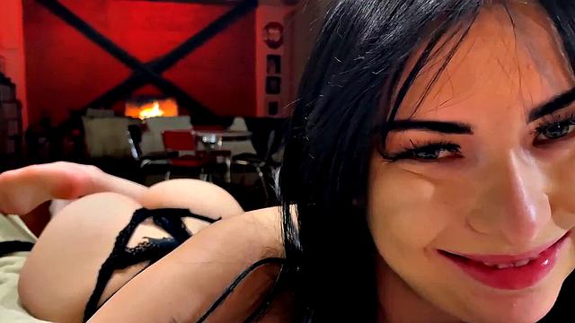 Blowjob babe with small boobs sucks POV cock and talks dirty