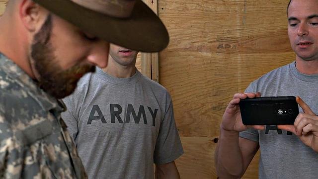 Black military bottom fucked by white in front of voyeur elder