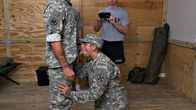 Black military bottom fucked by white in front of voyeur elder