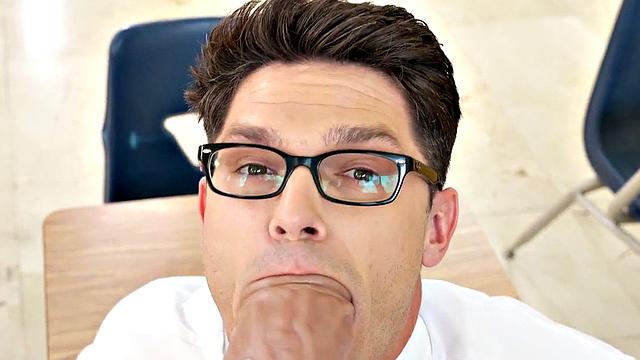 Big cock fisting stud pleasures his colleague in classroom