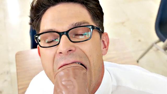 Big cock fisting stud pleasures his colleague in classroom